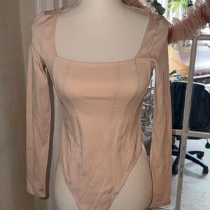 Women's Long Sleeve Square Neck, corset look Bodysuit - Blush Pink
